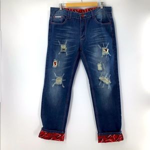 Xunchao Jeans Distressed Blue Red Cuffed Jeans 36x29 New With Out Tag